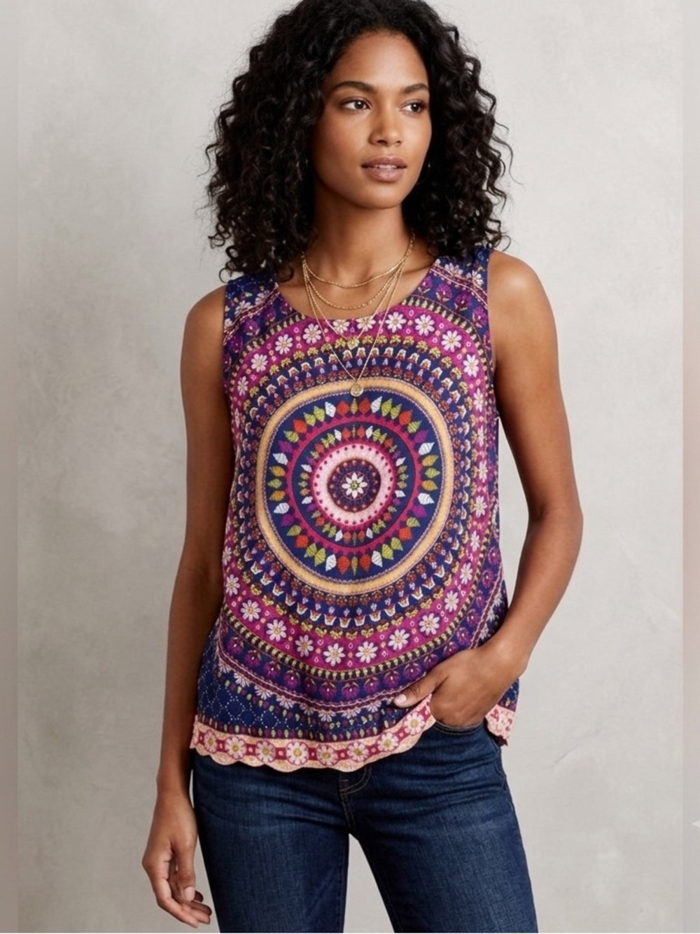 Renee C. Boho Mandala Floral Kaleidoscope Tank Size Medium. Made in USA.